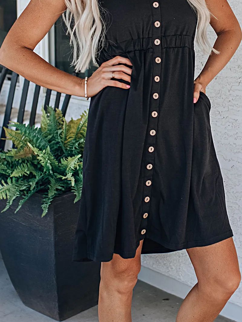 Black Button Front Sleeveless Mini Dress