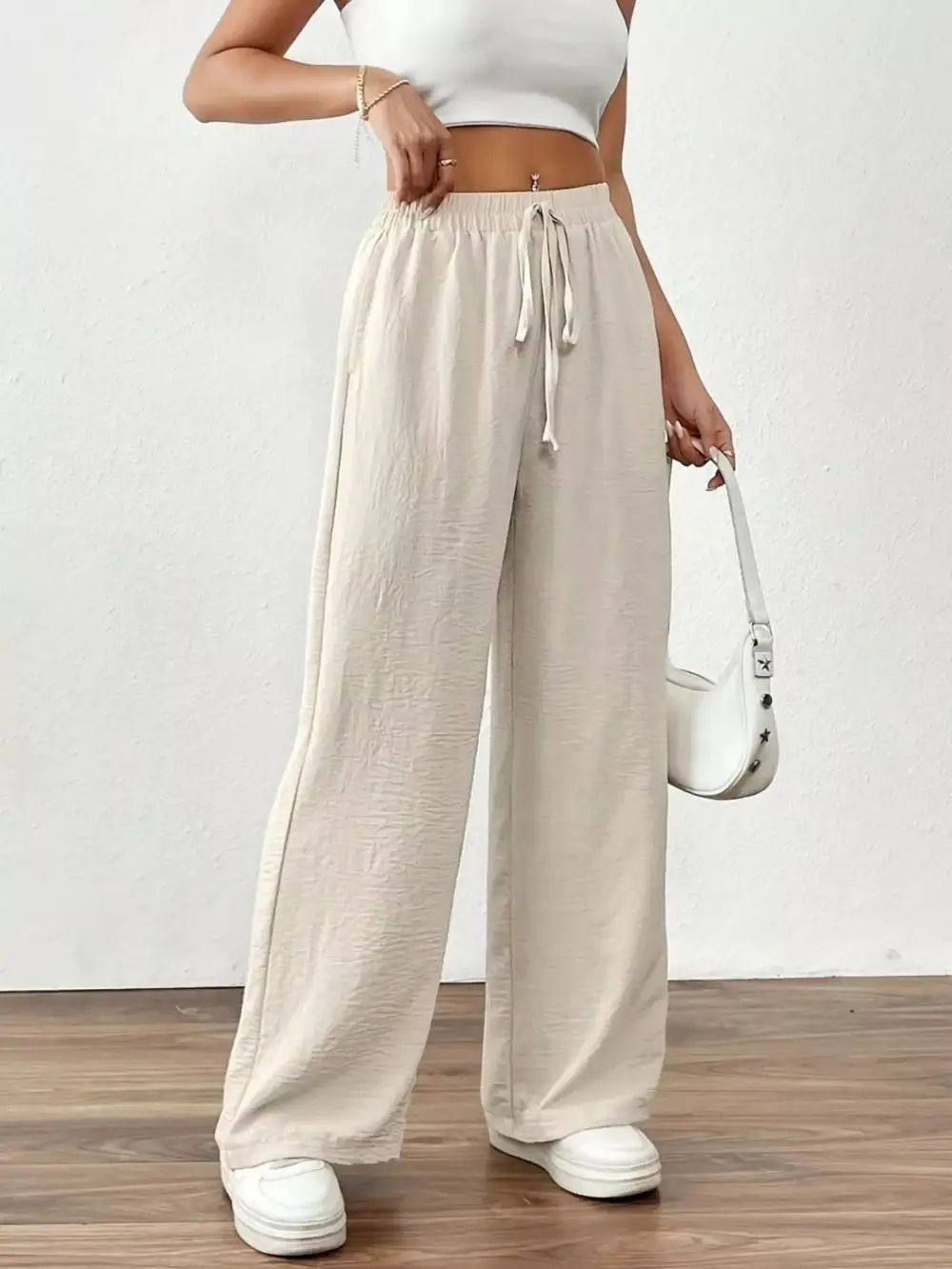 Relaxed Casual Drawstring Wide Leg Pants