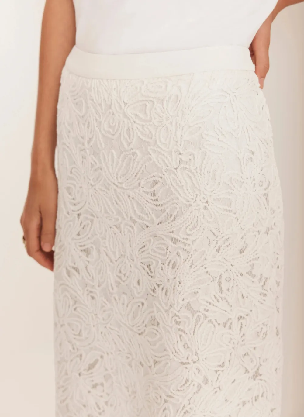 Casual Style Cream Lace Pencil Skirt