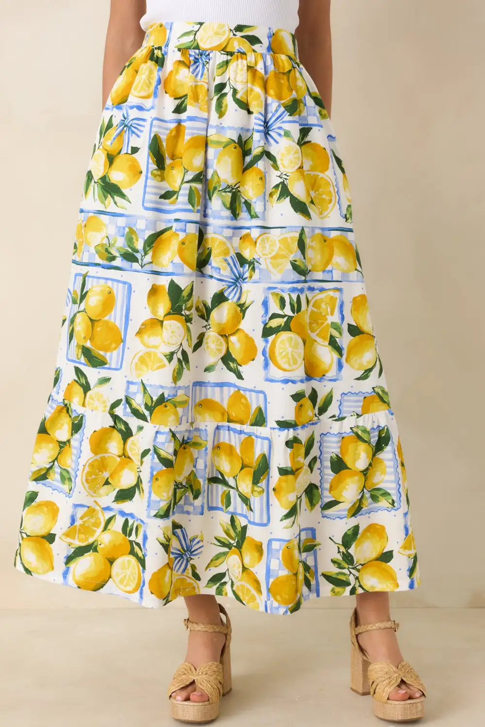 Citrus Charm Multi Lemon Print Cotton Maxi Skirt