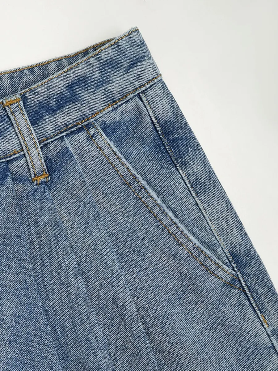 Denim Pleated Straight Leg Jeans