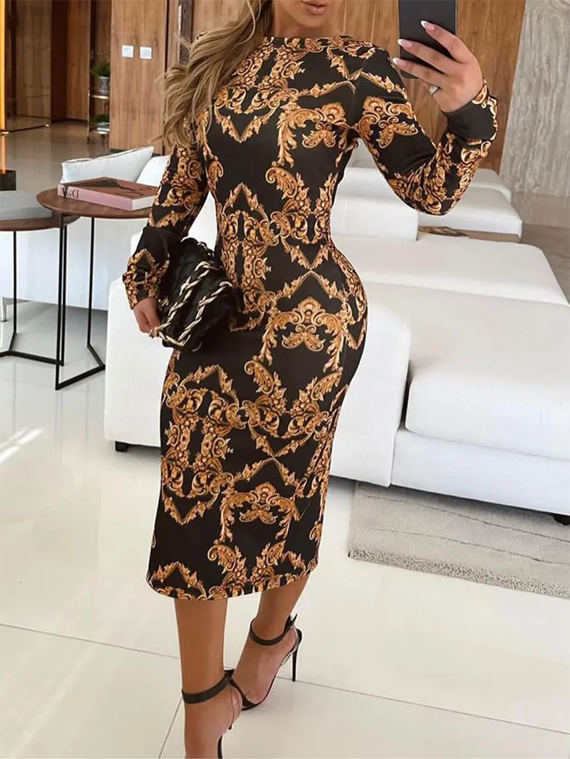 Women's bodycon printed long sleeve dress