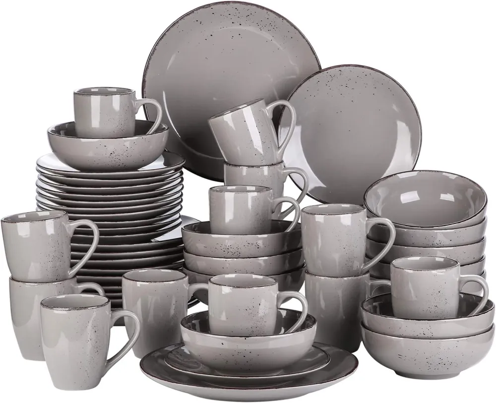 vancasso Navia Ceramic Dinnerware Set, 48 pieces Set of 12 Stoneware Spray Spot Patterned Service Dish with Dinner Plates, Salad Plates, Bowls, Mugs - Grey