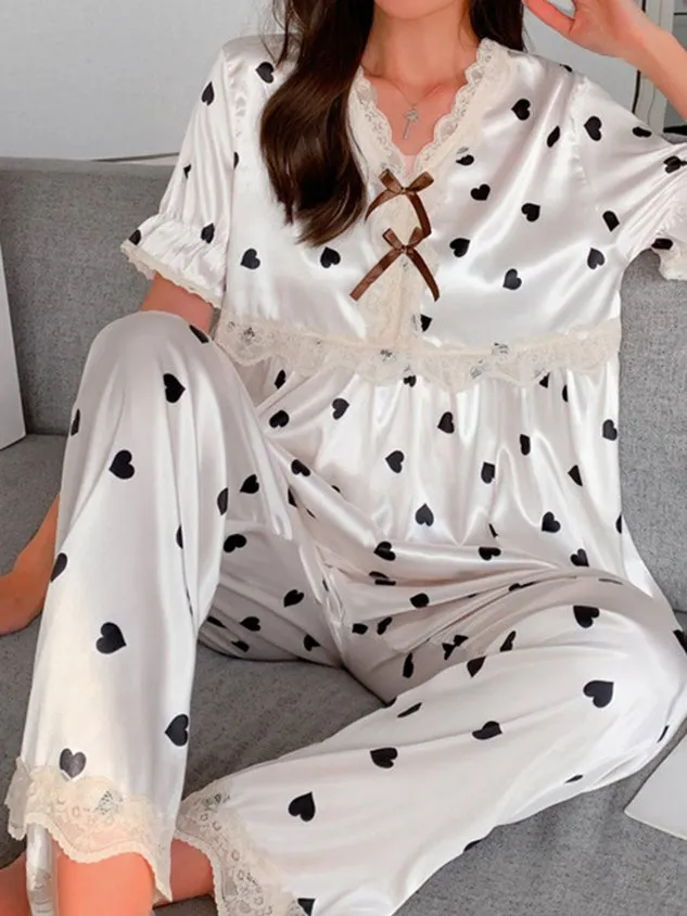 Heart Abstract Print Lace Elegant Romantic Silk Pajama Set