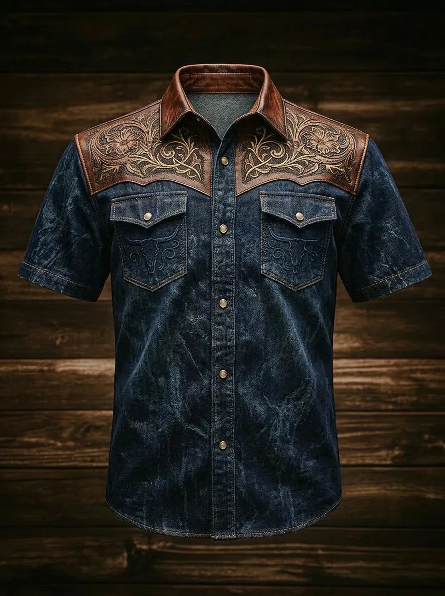 Men's Western Cowboy Floral Leather Yoke Bull Skull Printed Shirt