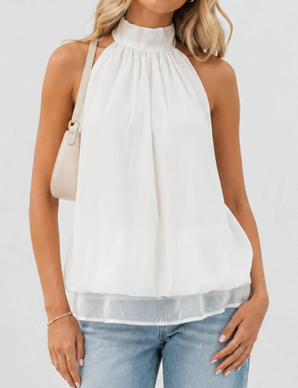 Chiffon Stand Neck Solid Color Ruffle Hem Sleeveless Top