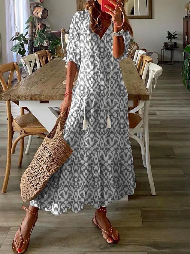 Women's Shift Dress Maxi Dress half Sleeve Floral Print Summer Fall V Neck Casual Geometric Printed Dress