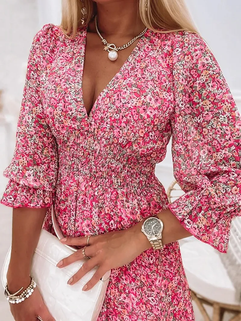 Casual Printed V-neck Mini Dress
