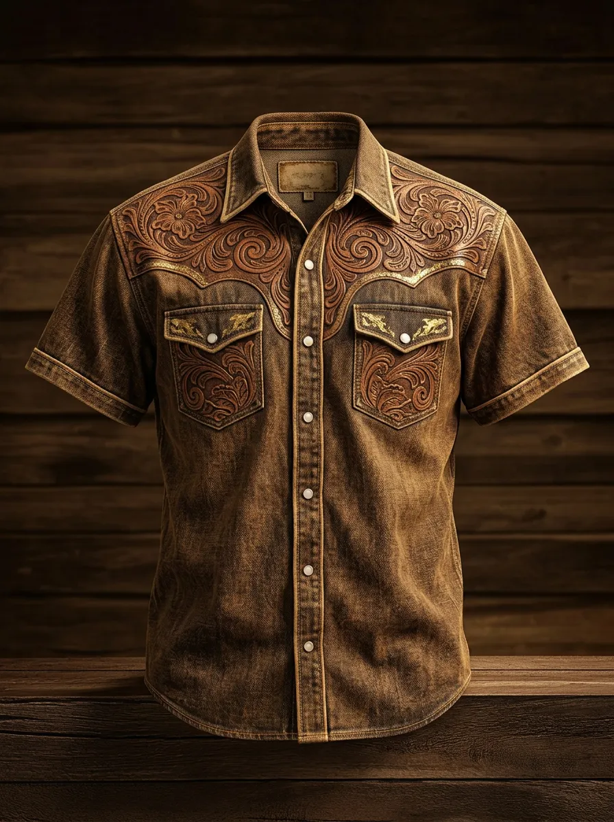 Men's Western Cowboy Floral Tooled Leather Printed Shirt-4