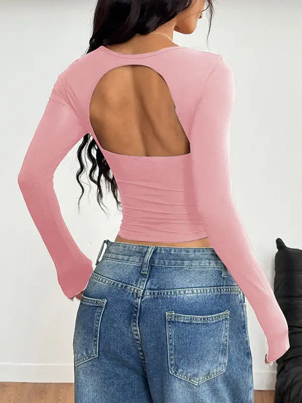 Long Sleeve Slim Fit Backless Pleat Detail Square Neck T-Shirt