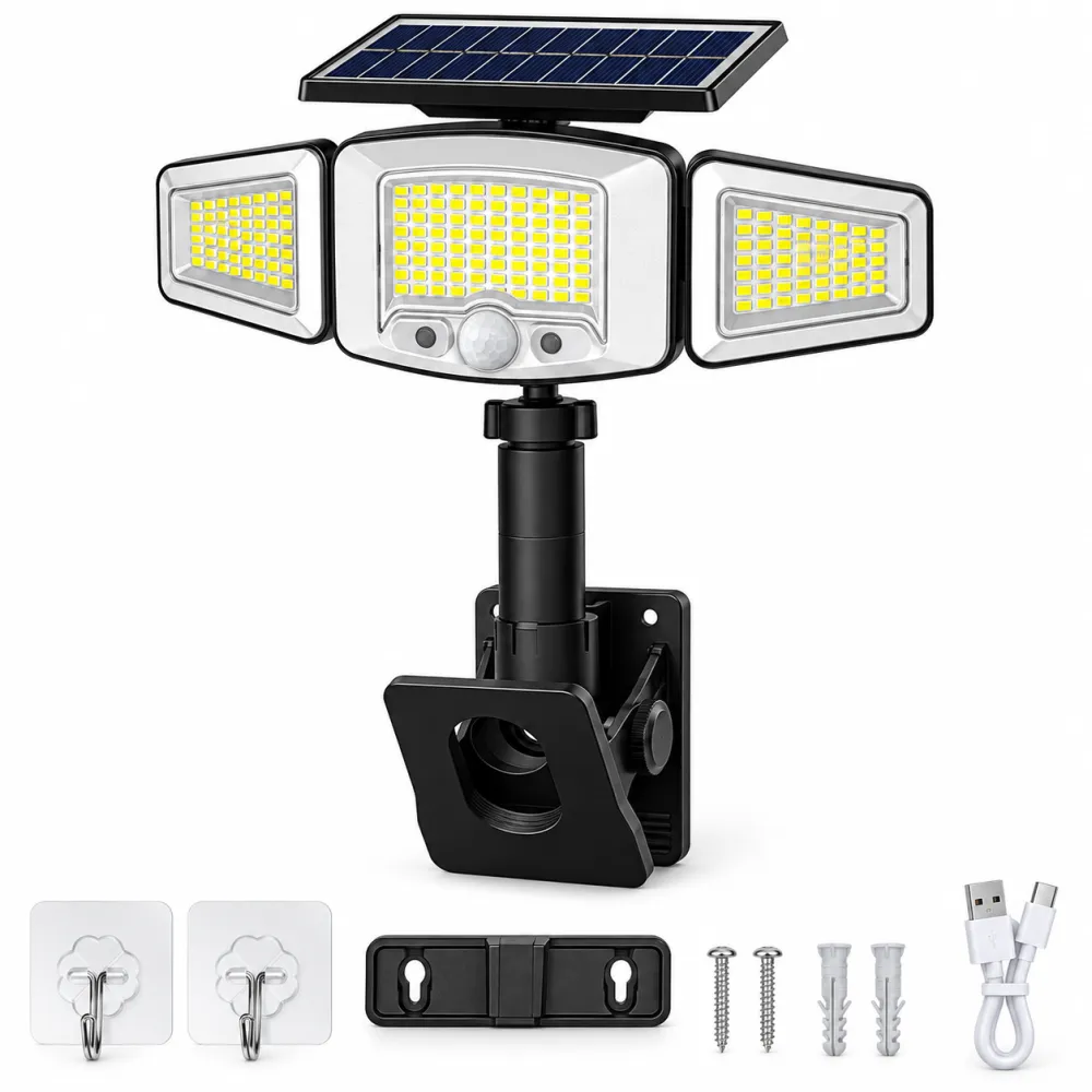 Zonne-energie lamp met 3 lampkoppen en bewegingssenso