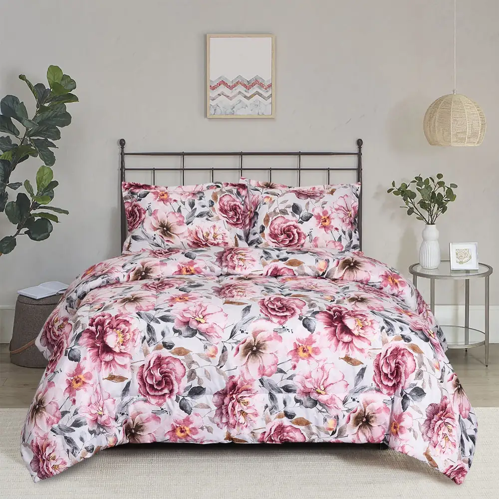 HIG 3 Piece Bohemian Floral Print Comforter Set for Queen King Bed, Pastoral Style Lightweight Duvet Set for Bedroom Decor