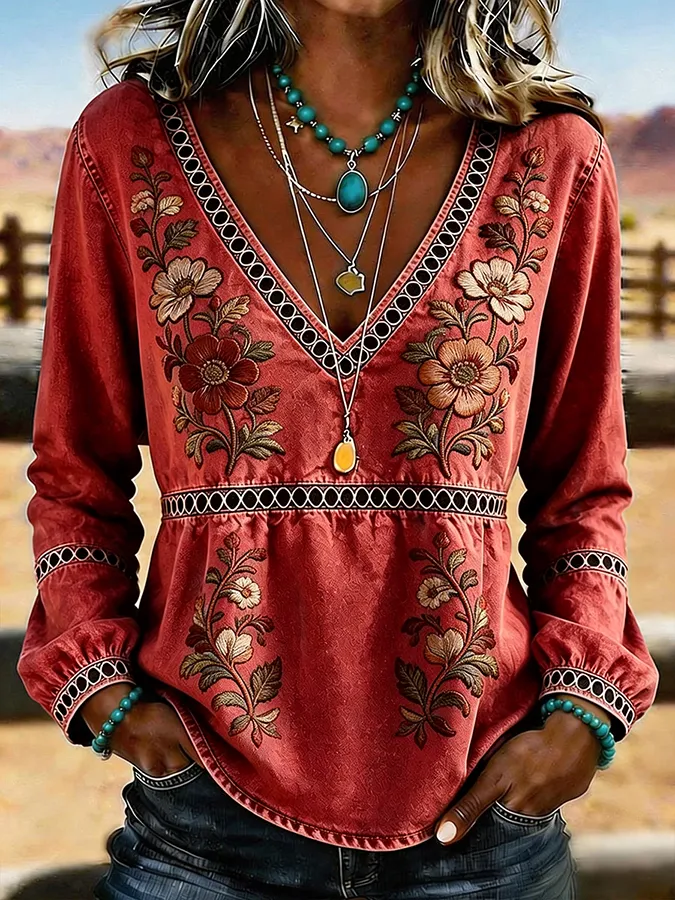 Women's Western Vintage Floral Print Casual V-Neck T-Shirt