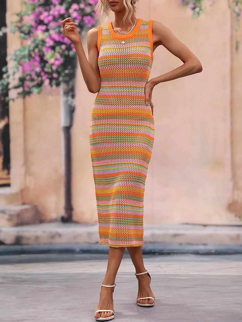 Striped Round Neck Sleeveless Midi Cover Up Dress