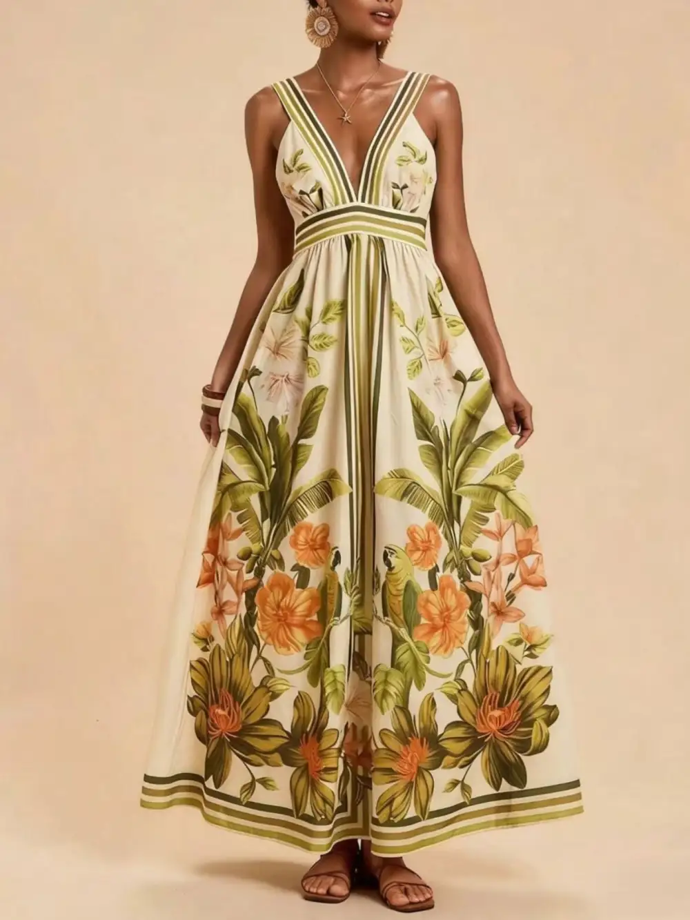 Soft Touch Printed V Neck Maxi Dress