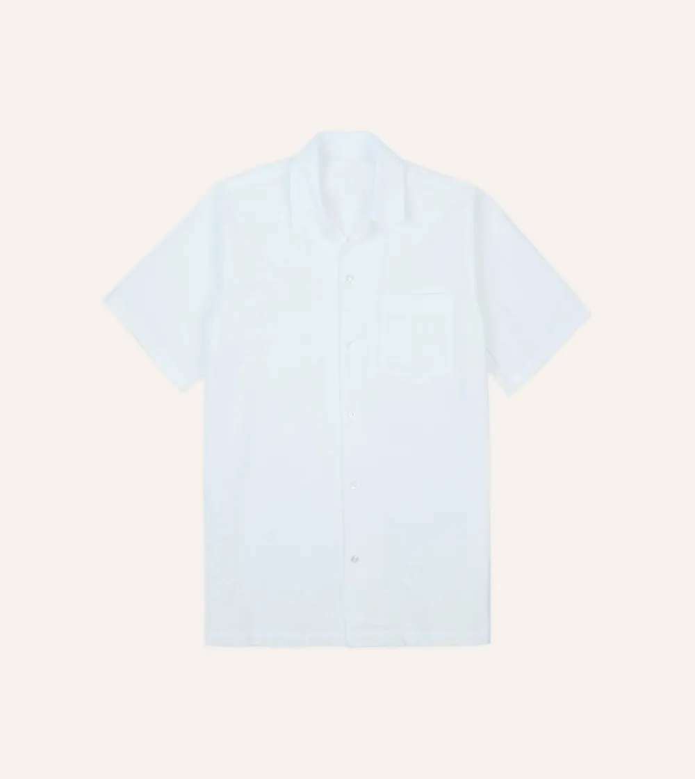 White Cotton-Linen Seersucker Camp Collar Short Sleeve Shirt Casual Style