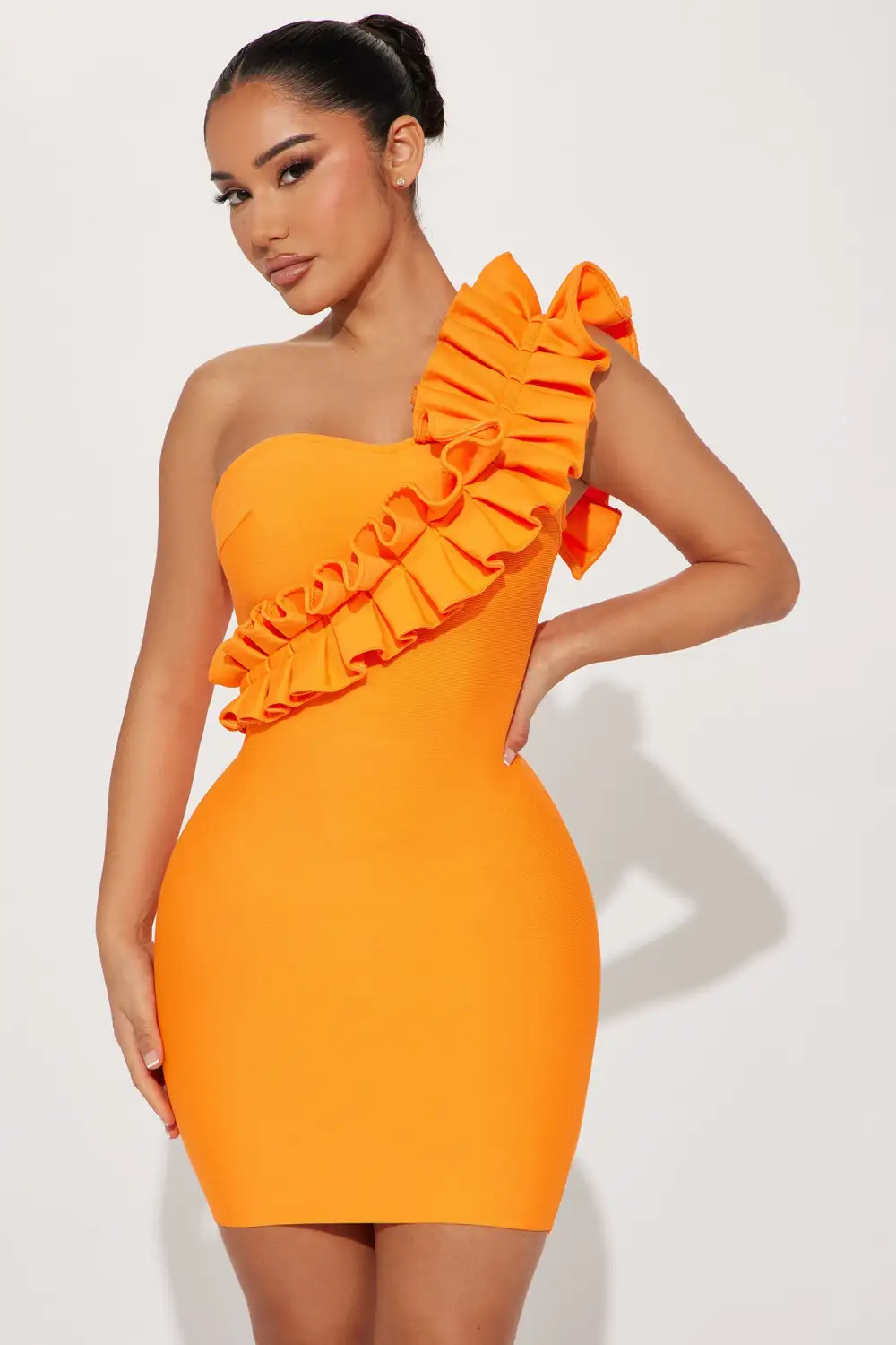 All Ruffled Up Mini Bandage Dress - Orange