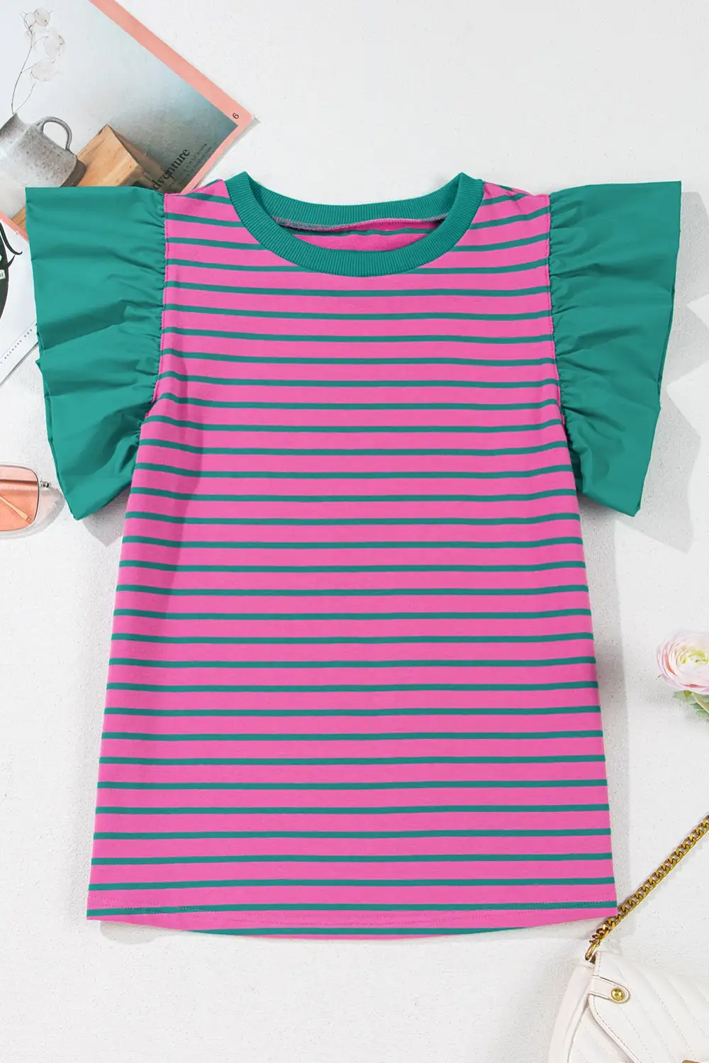 Everyday Striped Ruffled Crew Neck Blouse