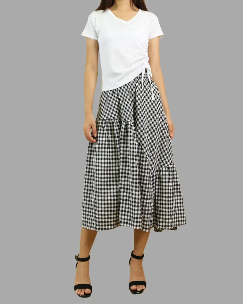 Plaid Linen Flared Midi Skirt