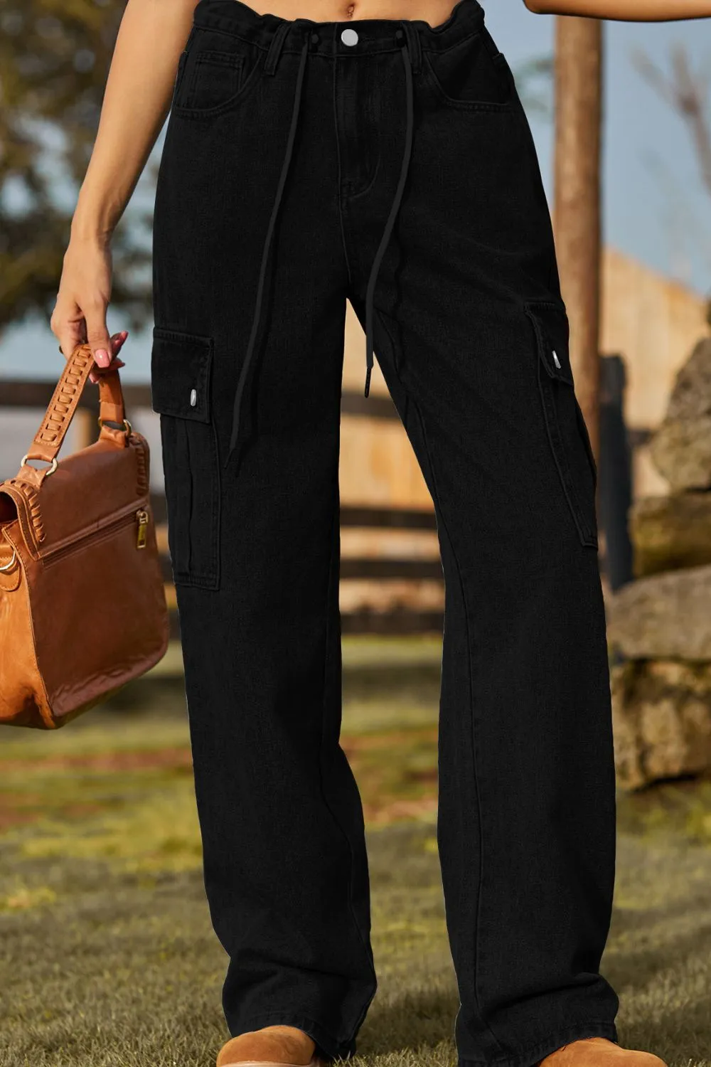 Loose Fit Drawstring Jeans With Pocket