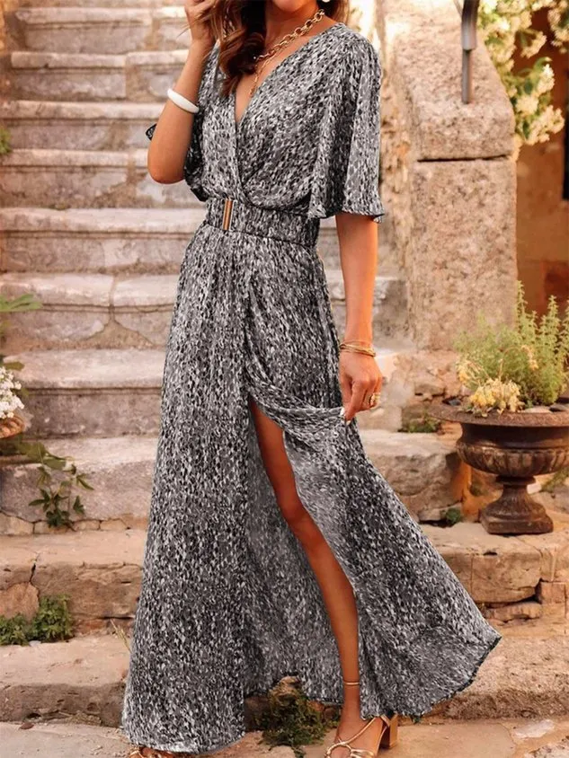 Women Floral High Waist Micro-Elasticity Loose Short Sleeve A-Line Maxi Dress