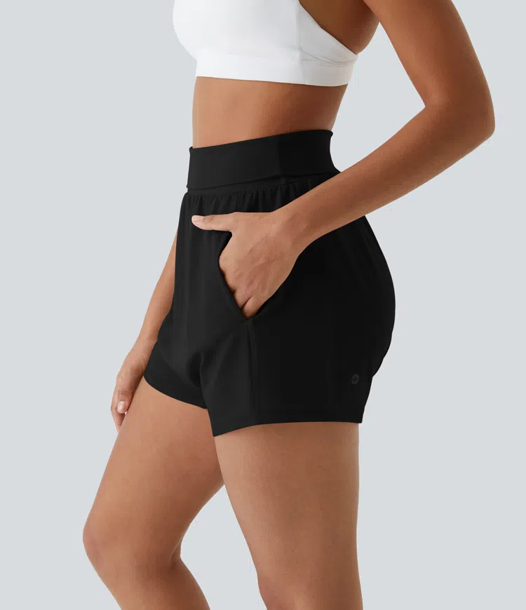 Super High Foldover Waisted Side Pocket Yoga Harem Shorts