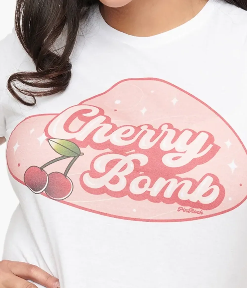 1950s White And Red Cherry Bomb Fitted Graphic Tee