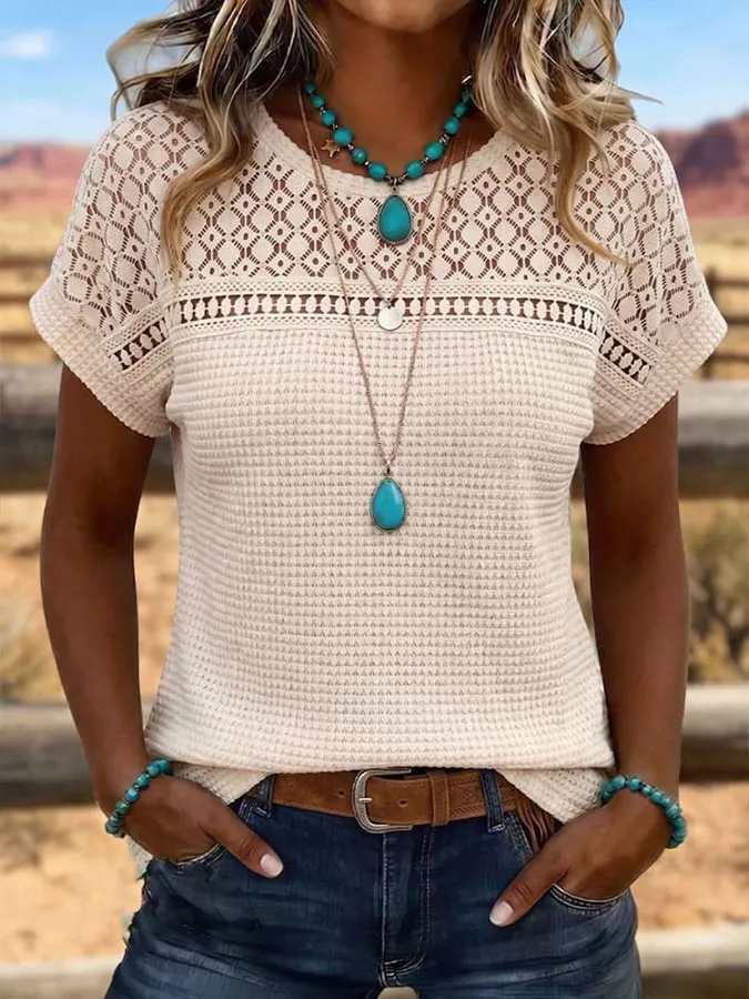 Women'S Retro Art Patchwork Hollow Design Shirt