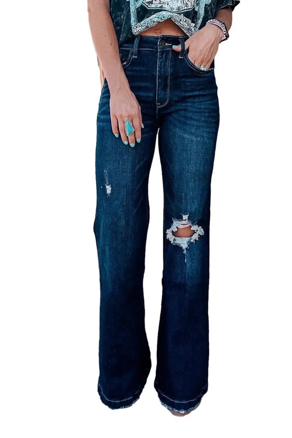 Teal High Rise Ripped Bell Bottom Jeans