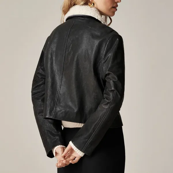Cropped Leather Coats with Sherpa Collar