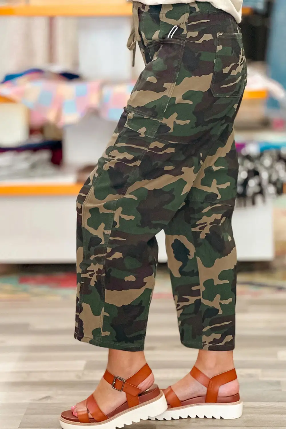 Camouflage Print Drawstring Patch Pocket Barrel Jeans