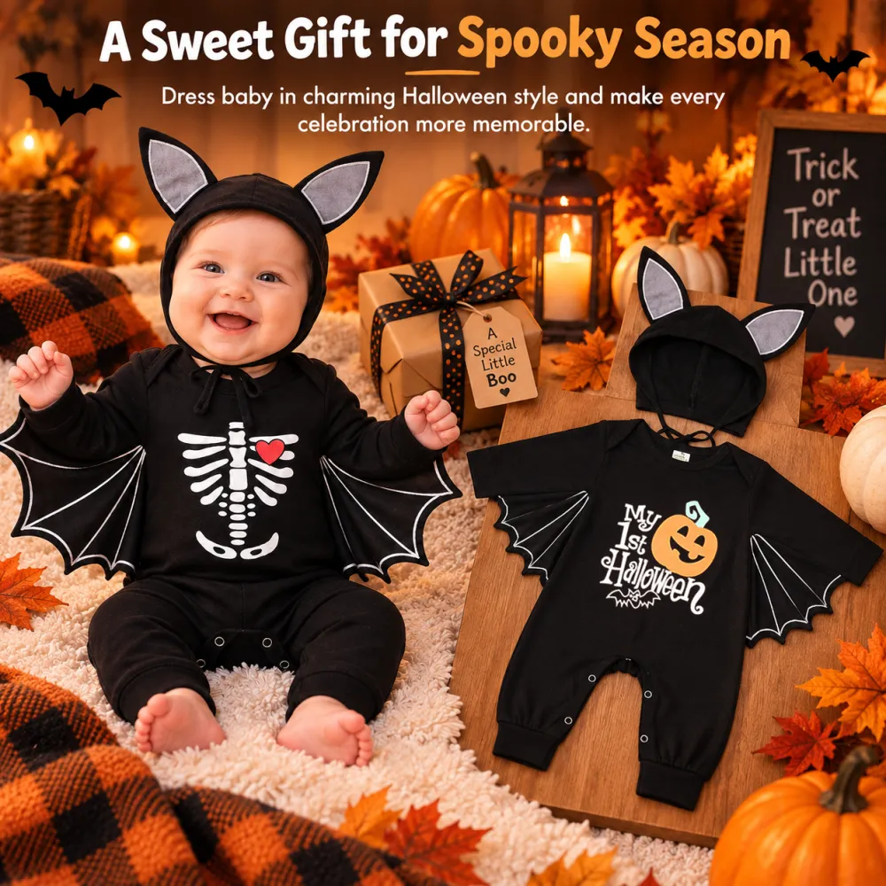 Halloween Skeleton Print Baby Romper Bat Costume Pumpkin Onesie with Hat