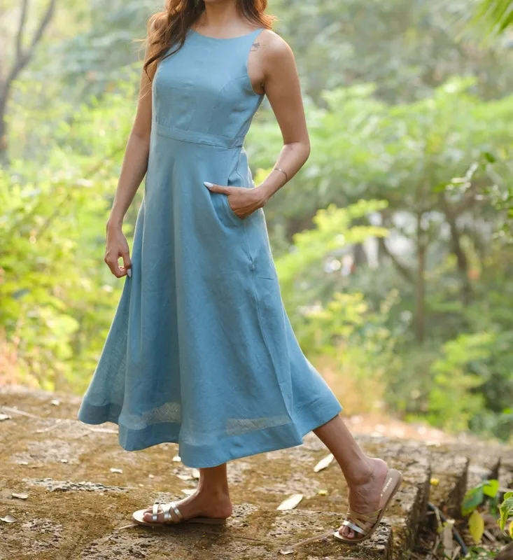 Aqua Linen Cutaway Maxi Dress