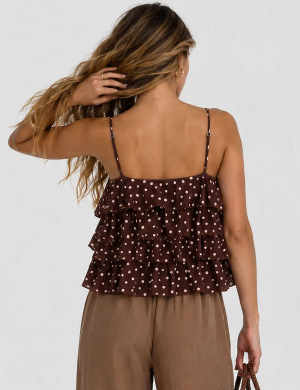Polka Dot Layered Ruffle Spaghetti Strap Cami Top