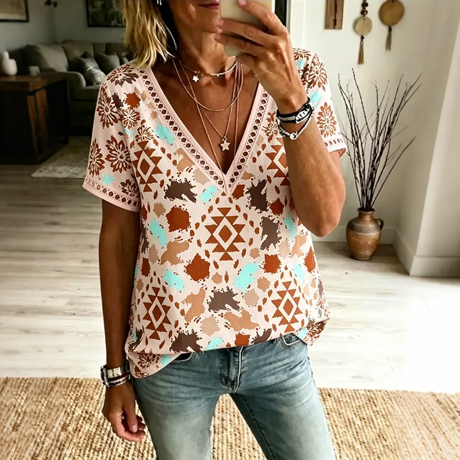 Women's Boho Aztec Print V Neck Lace Trim Casual Short Sleeve Top