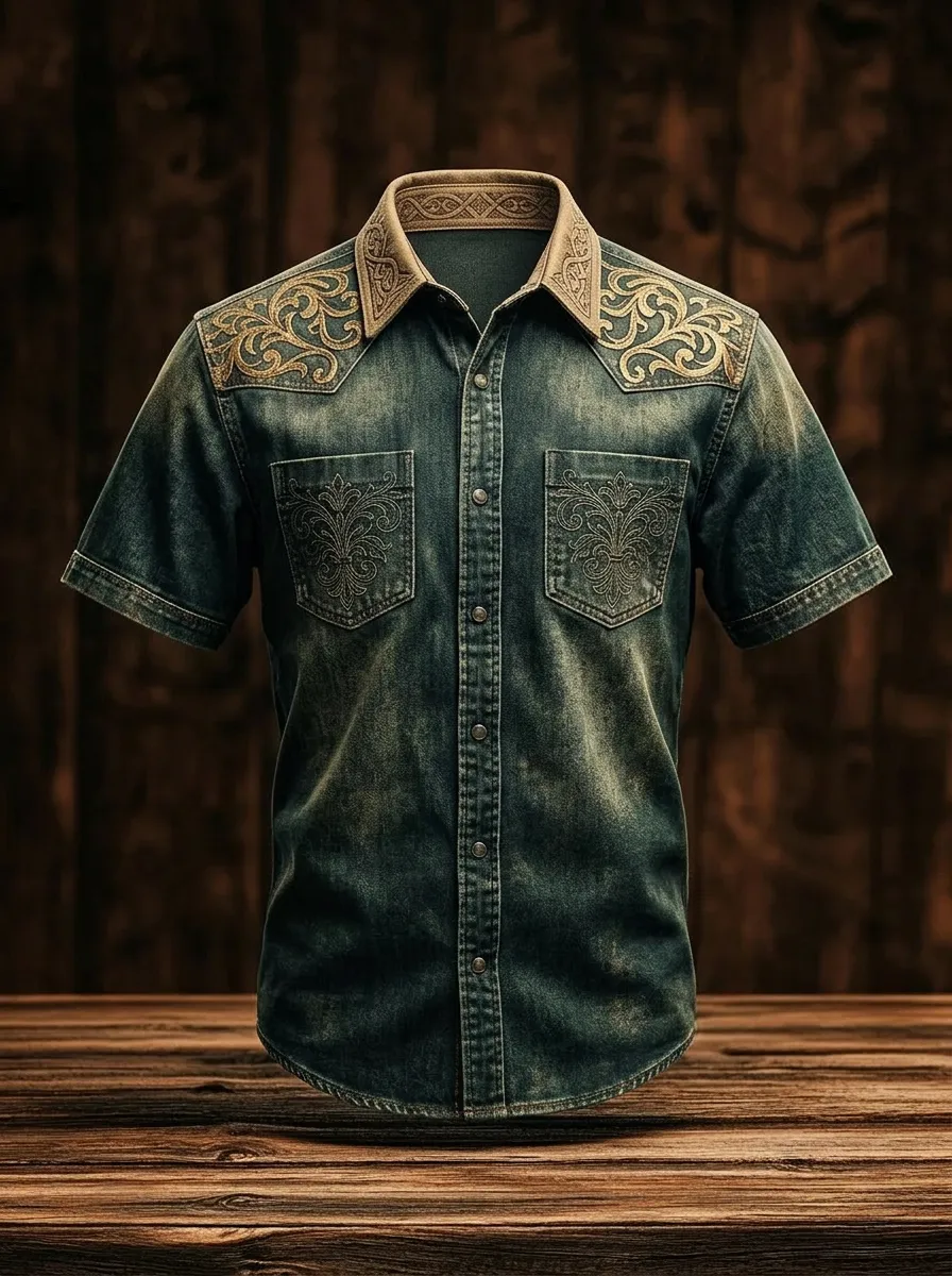 Men's Western Style Floral Embroidery Printed Denim Shirt