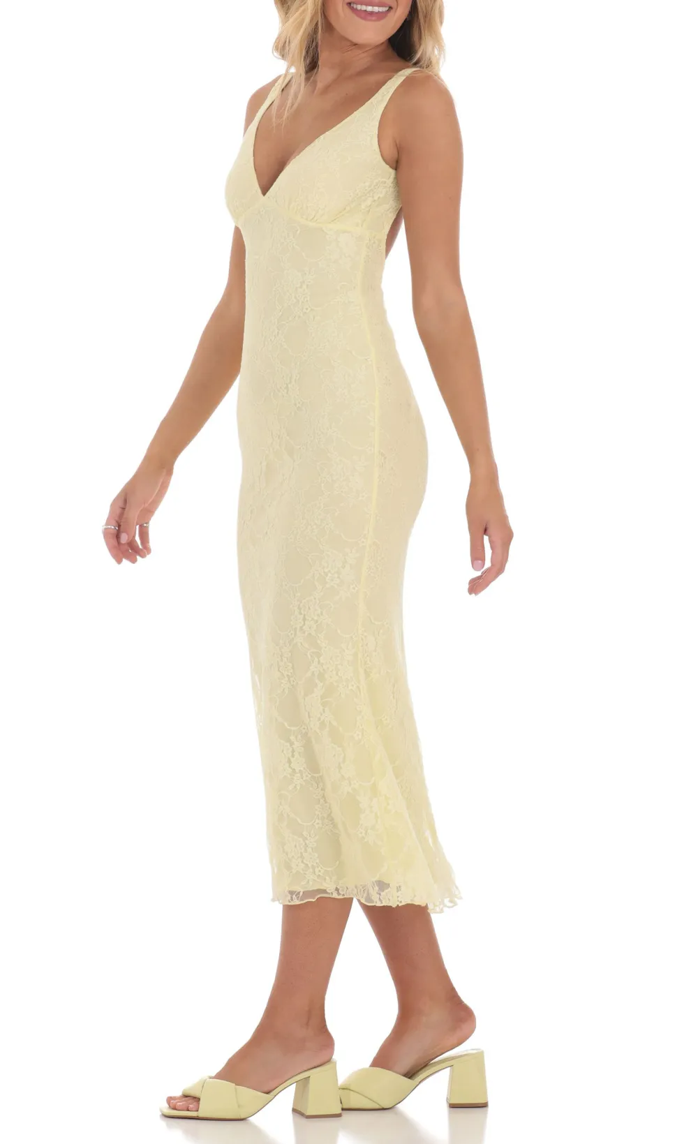 Open Back Lace Midi Dress In Yellow