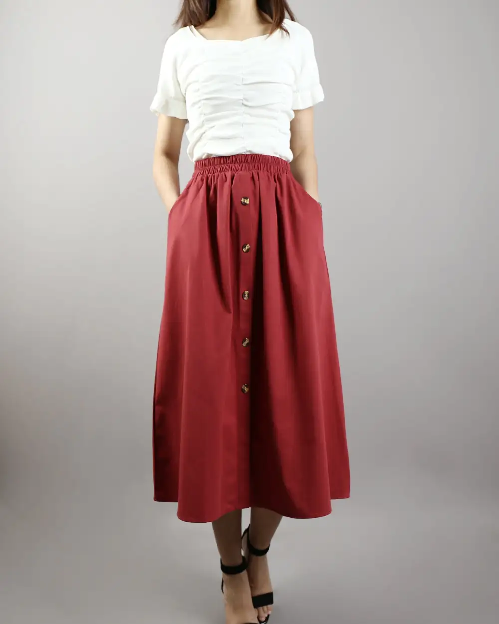Pocketed Linen A Line Midi Skirt