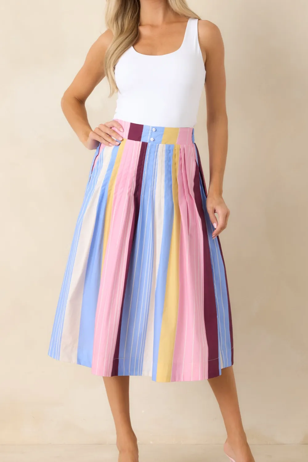 Noticed Multi Stripe Cotton Pleated Midi Skirt