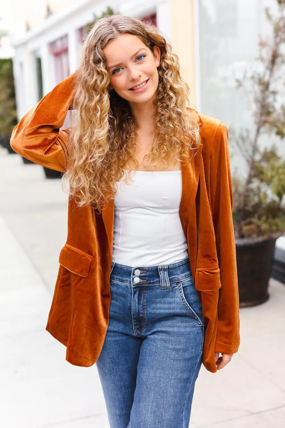 Holiday Stunner Rust Velvet Lapel Blazer