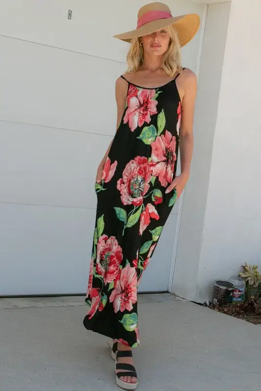 FLORAL HALTER POCKET MAXI DRESS