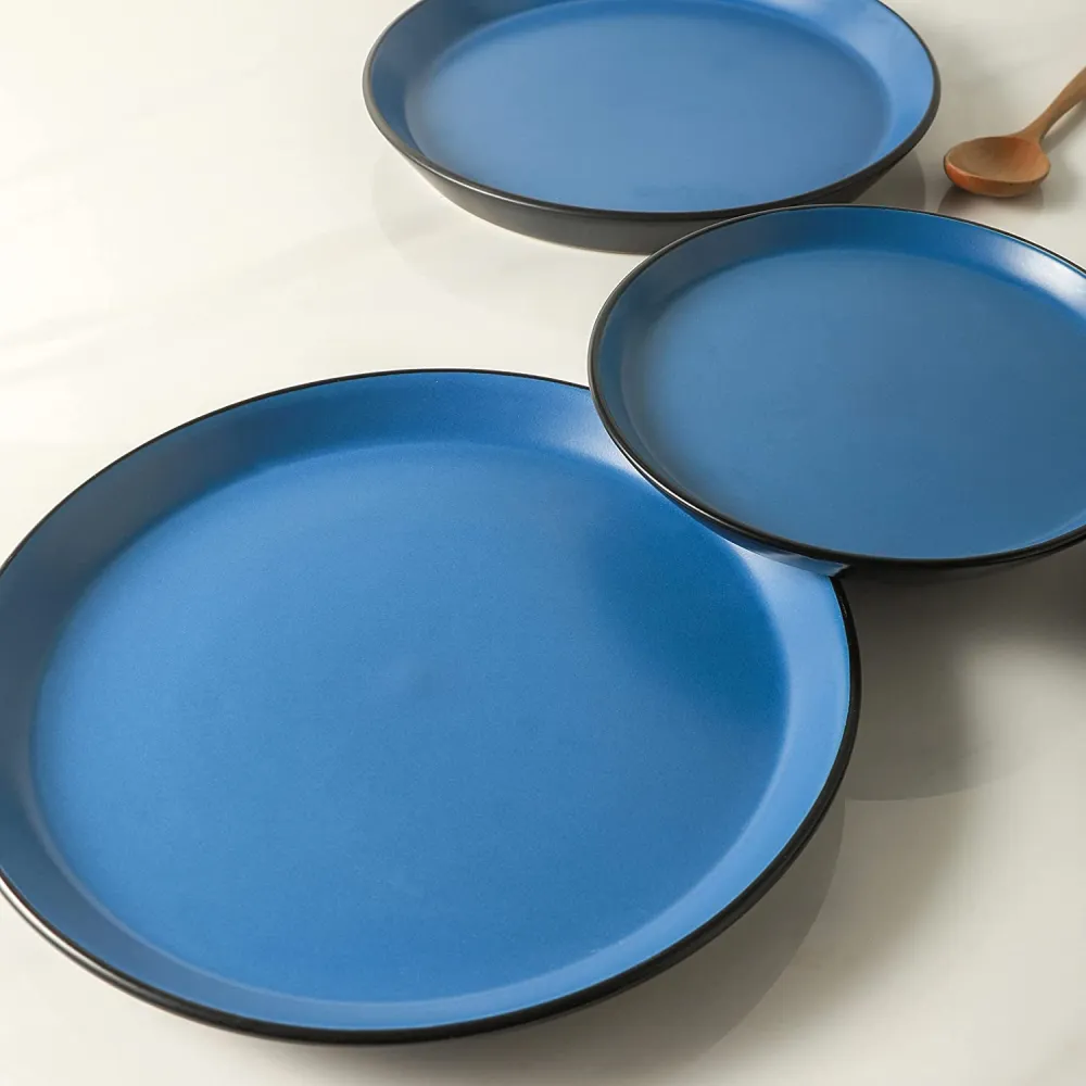 Stone Lain 32 Piece Glazed Stoneware Dinnerware Set, Service 8, Blue and Black