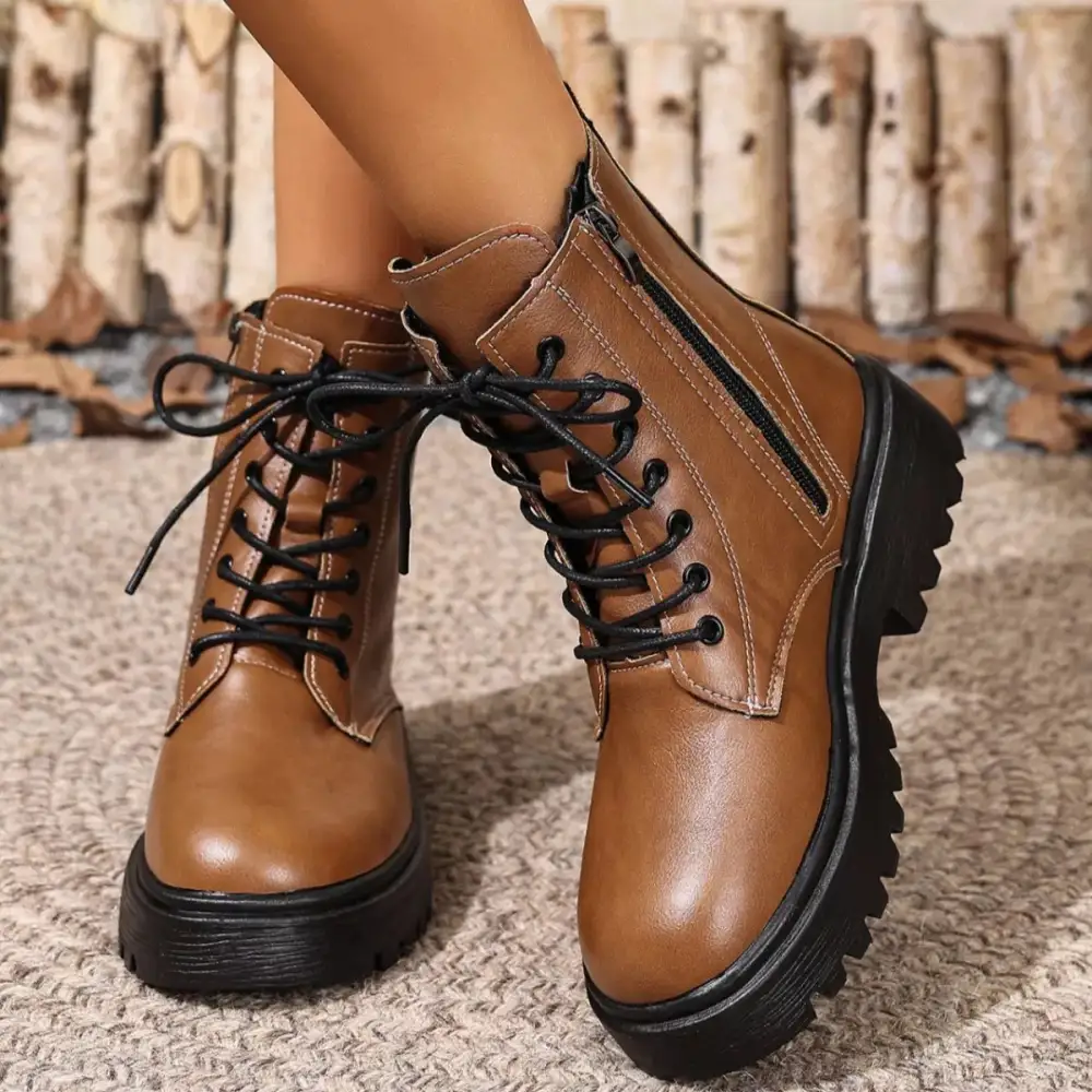 Textured Lace-Up Ankle Combat Boots
