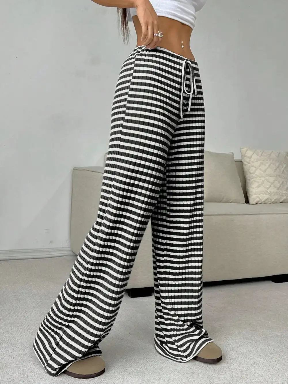 Relaxed Striped Wide Leg Drawstring Pants