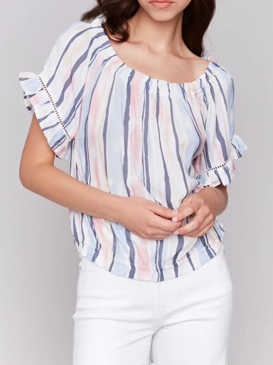 Striped High-End Off-Shoulder Short Sleeves