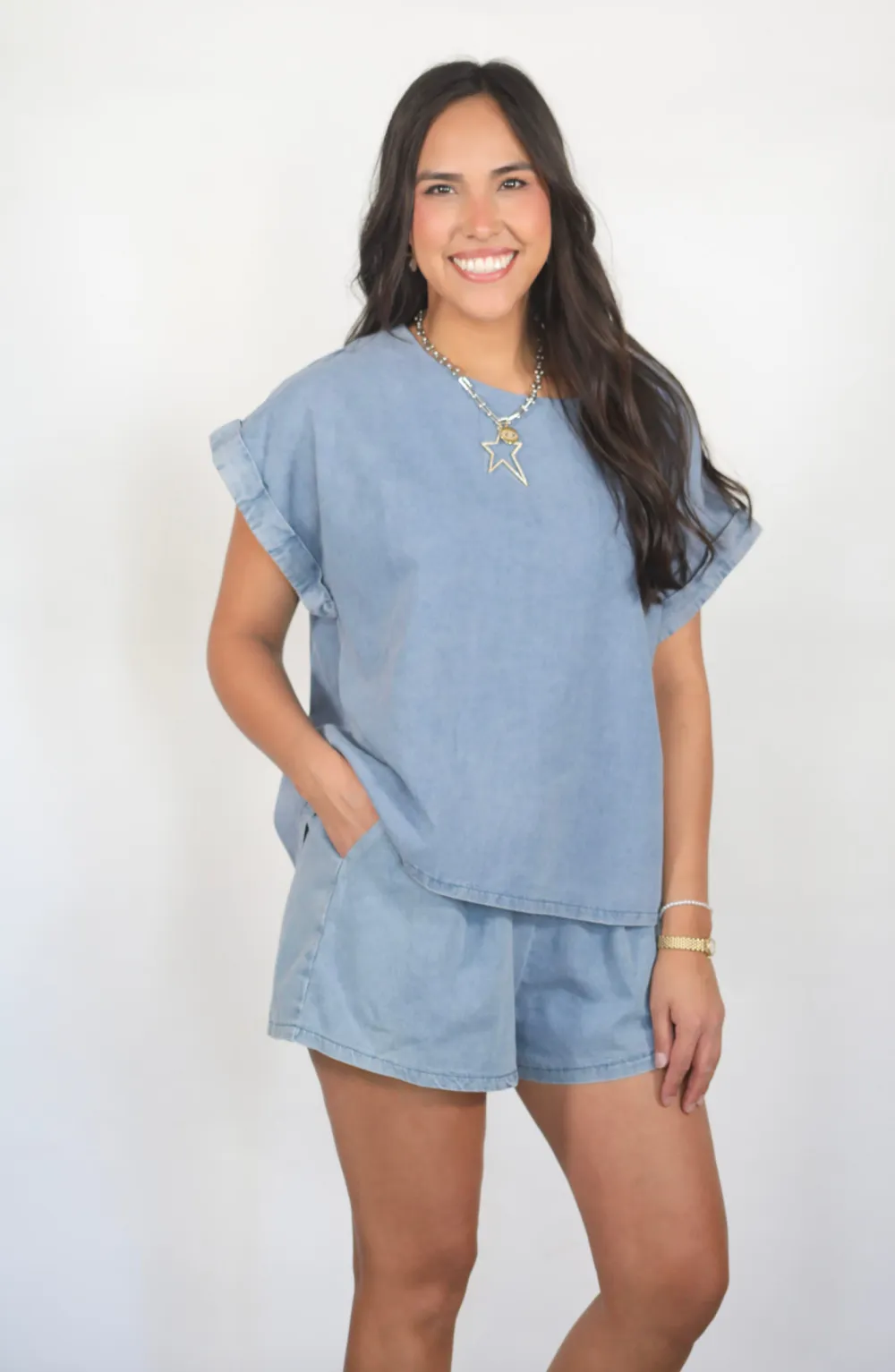 Living Out Loud Denim Shirt And Short Set