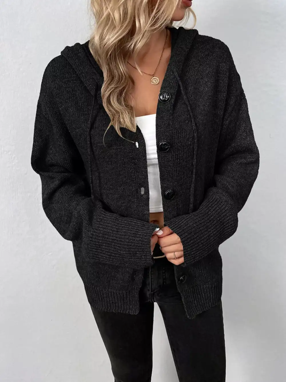 Full Size Cozy Knit Hooded Button Down Cardigan Plus Size