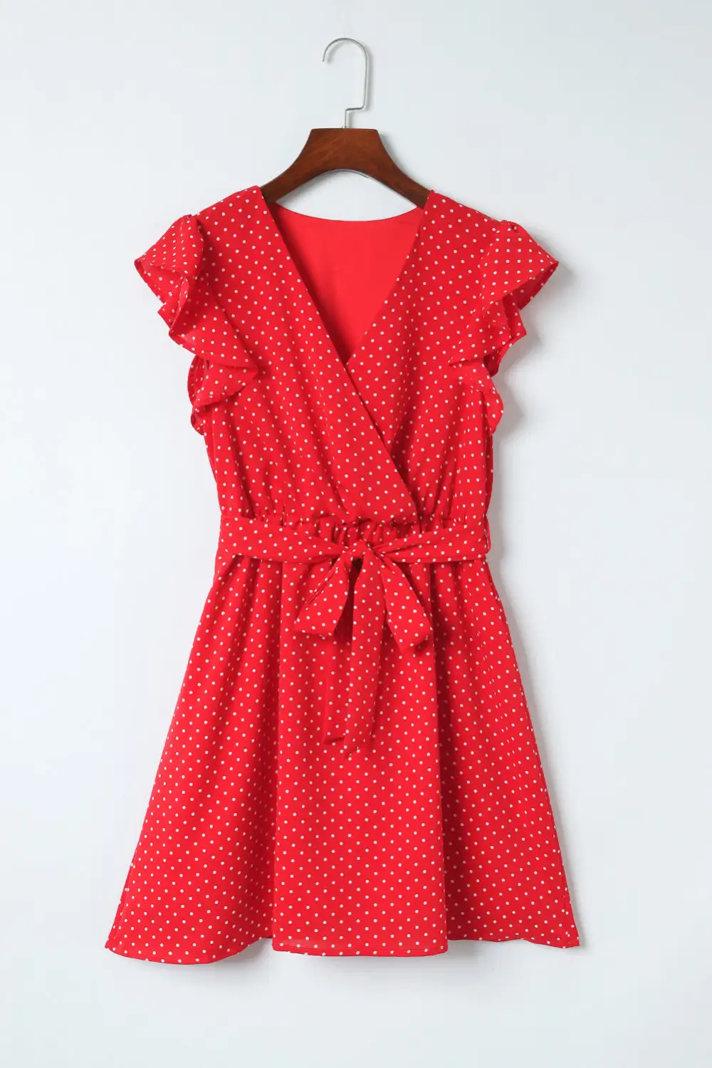 Red Polka Dot V Neck Ruffle Shoulder Short Dress