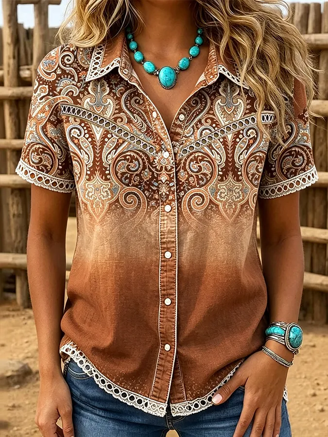 Women's Vintage Western Paisley Print Lace Trim Button-Down Shirt