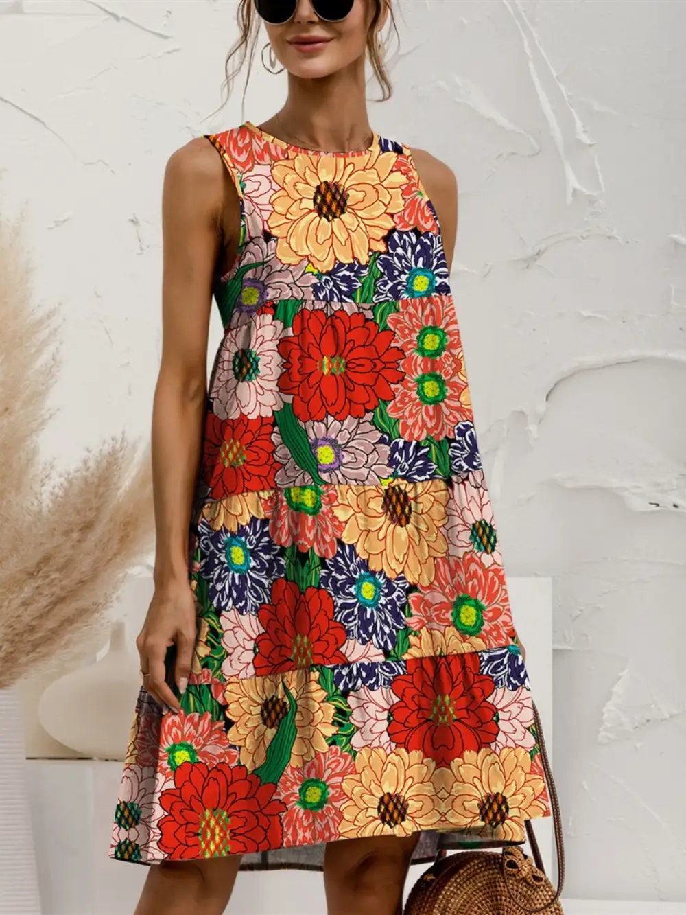 Tiered Printed Round Neck Sleeveless Boho Dress